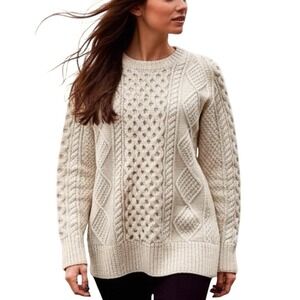 Vintage Irish Wool Aran Sweater Women Cable Knit Chunky Cream Pullover Fisherman